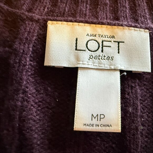 Loft Dark Purple V-Neck Cable Sweater - Wool & Rabbit Hair - Med Petite - Picture 3 of 4